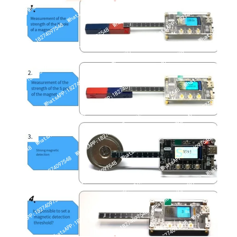 Magnetic field intensity detection module, magnet polarity detection, simple gaussmeter, detector, with LCD display screen