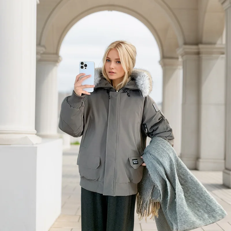 

Female's Winter Parka Jacket Solid Luxury Fur Collar Elastic Cuffs Zipper Fly Coat For Lady Slouchy-Style Women's Padded Coat