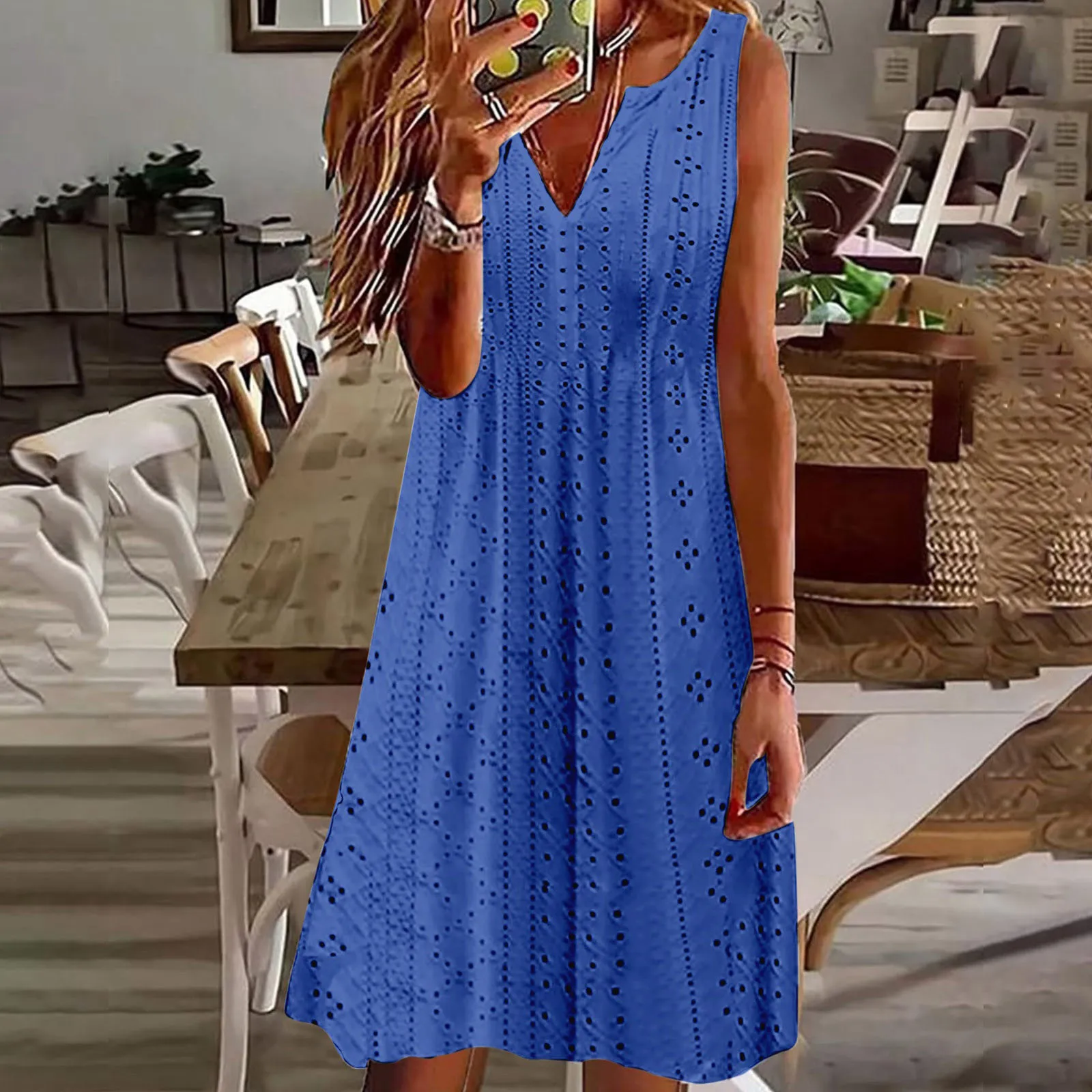 

casual hollow out tank midi dress for summer V-neck sleeveless Knee-Length Dress A-line solid female beach dresses holiday