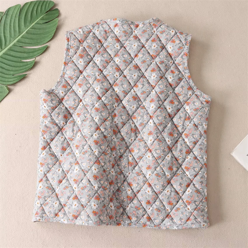 Nieuwe Herfst Winter Vrouwen Bloemen Katoenen Vest Big Size Vrouwelijke V-hals Fluwelen Vesten Dame Korte Warme Mouwloze Jas Uitloper 2534