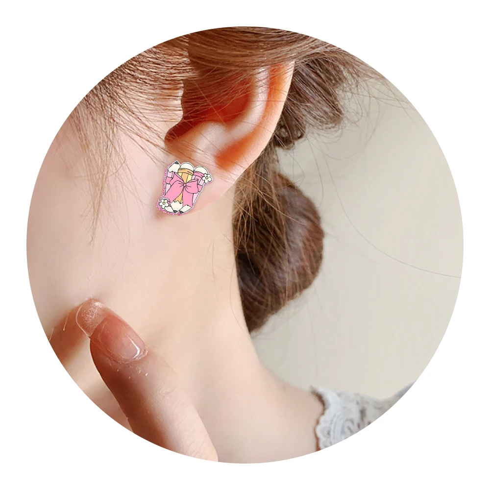 Back to School Pencil Bows Color Glitter Acrylic Earrings Ear Stud Eardrop Pendant Flatback for Decoration Party Festival Makeup
