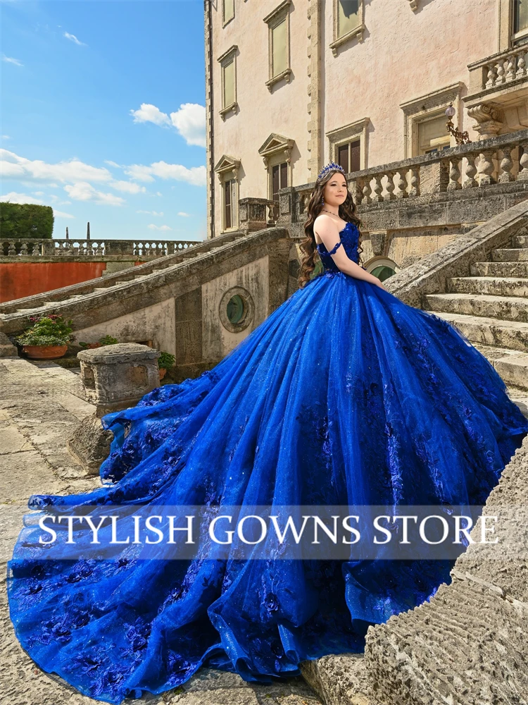 Luxury Royal Blue Princess Quinceanera Dresses Embroidered Applique Long Off Shoulder Taffeta Vestidos De 15 Anos 25