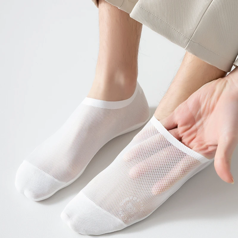 Hollow Out Mesh Breathable Ice Silk Socks Slippers Summer Invisible No Show Socks Men Male Silicone Non-slip Low Cut Boat Socks