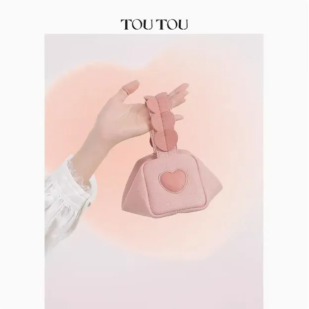 TOUTOU Mini Handbag for Women Dual-use Love Heart PU Leather Valentine Day Pink Bag Fashion Cosmetics Makeup Storage Bag