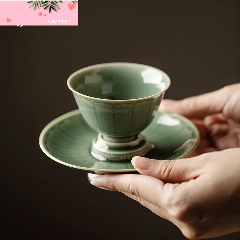 

Бутиковая чашка Yue Kiln Celadon, чашка с подсолнечником и блюдцем, набор керамической чашки с гравировкой ручной работы, чашка Chazhankungfu, чайная посуда