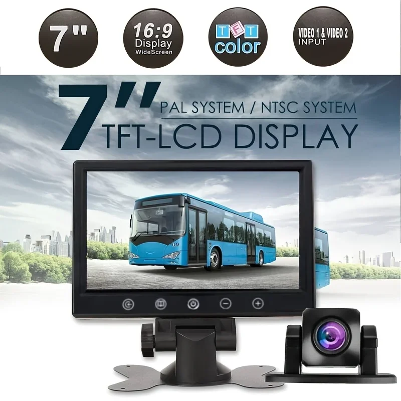 HD 7-Inch Desktop Touch Button Monitor with Adjustable View & Backup Camera Kit | Rear View Display for Vehicles, Surface Mount