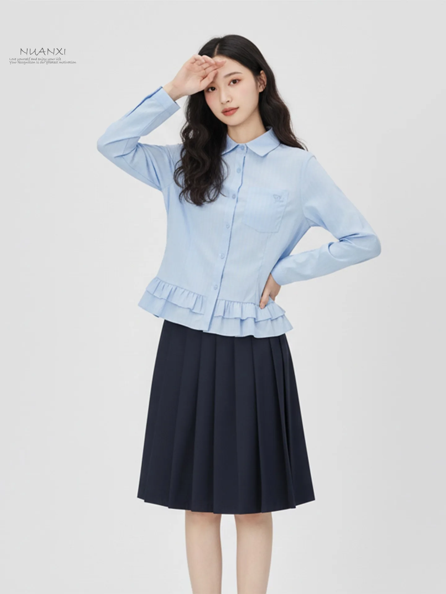 

Nuanxi Korean Sle College Faion Blue Striped Women's irt Spring 2026 Breathable Long Sve Flip Collar Blouse
