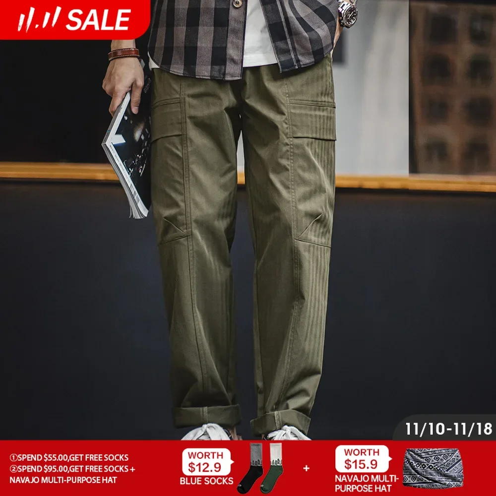 

Maden 2024 New Retro Multi-pocket Herringbone Casual Pants Vibe Green Straight Trousers for Men's Spring Fashion Style