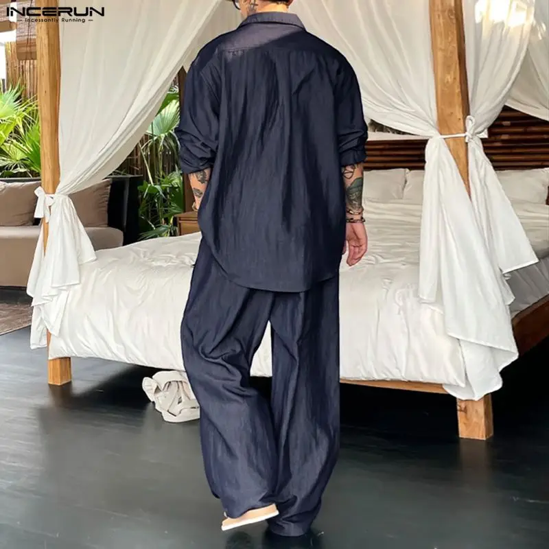 

INCERUN Men Sets Solid Color Lapel Long Sleeve Shirt & Pants Two Pieces Sets Loose Streetwear 2025 Fashion Casual Men's Suits