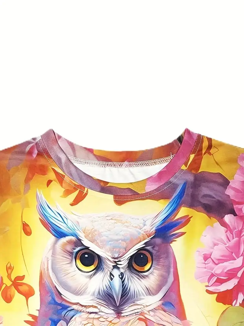 2024 Women\'s T Shirts Summer Fashion Short Sleeve Top 3d Owl Print Oversized Female Clothing Ladies Holiday Tee