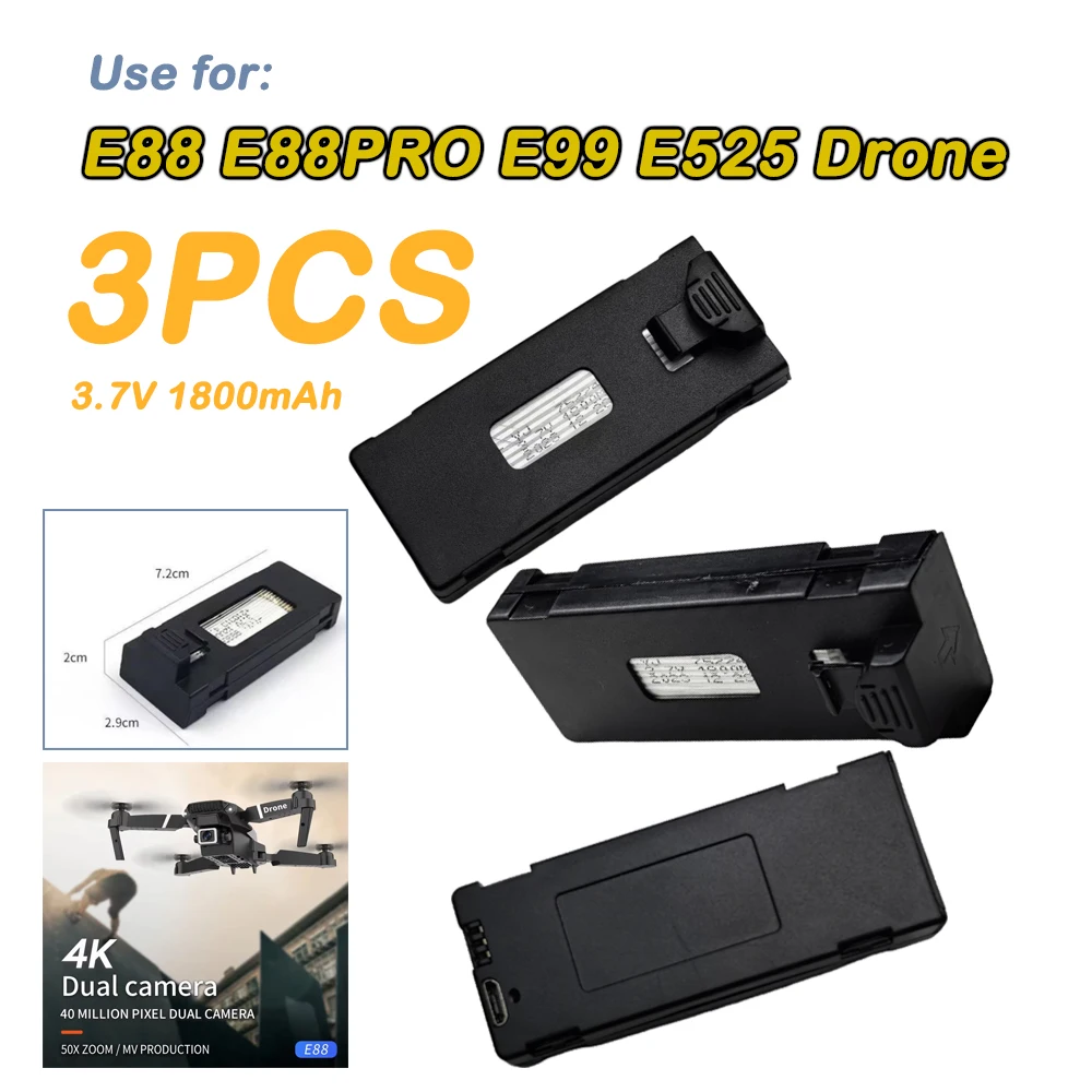 3PCS Battery 3.7V 1800mAh Battery Part Use for E88 e88PRO E99 E525 Mini Drone FPV RC Quadcopter Toy Helicopter Battery Accessory