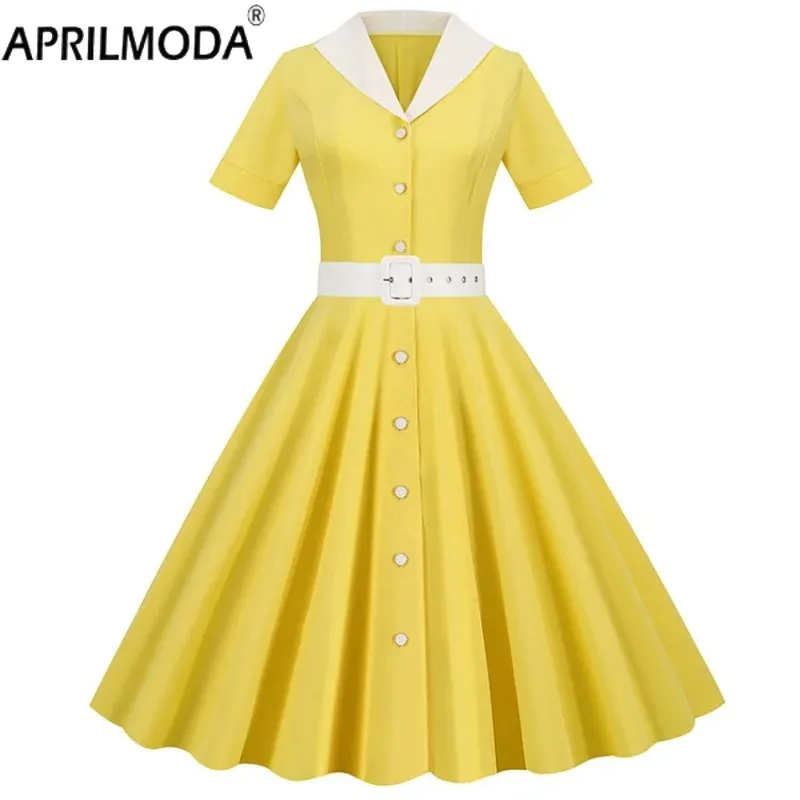 ชุดเดรสฤดูร้อนวินเทจสีน้ำเงินสำหรับผู้หญิงชุดเดรสคอปกเสื้อหรูหราแขนสั้นสีล้วนสำหรับใส่ไปงานปาร์ตี้ Midi กระโปรงเอวสูง