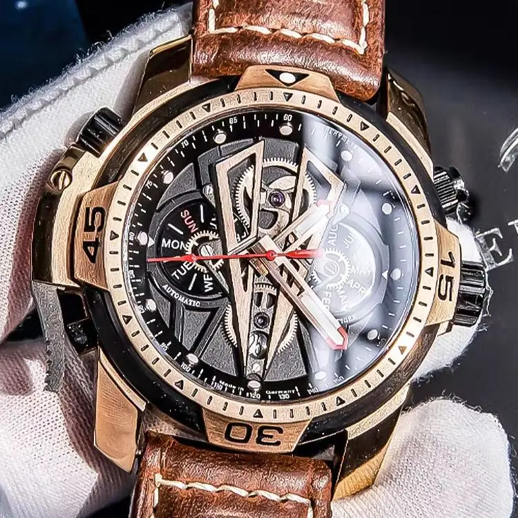 Reef Tiger Men Automatic Watch 45.5mm Mechanical Wristwatch Sapphire Mirror Luminous Multi-Dial Month Week Date