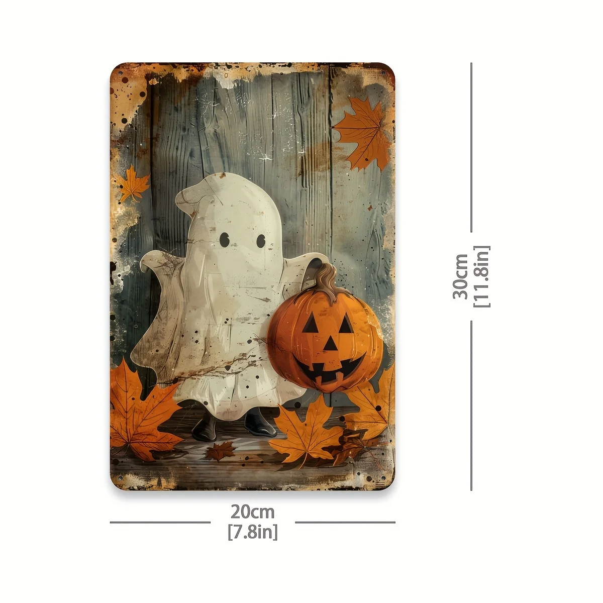 Pack of 1 Halloween Vintage Metal Tin Sign, Iron Ghost with Pumpkin Decorative Wall Art, Indoor Outdoor Hanging Foil Engravin