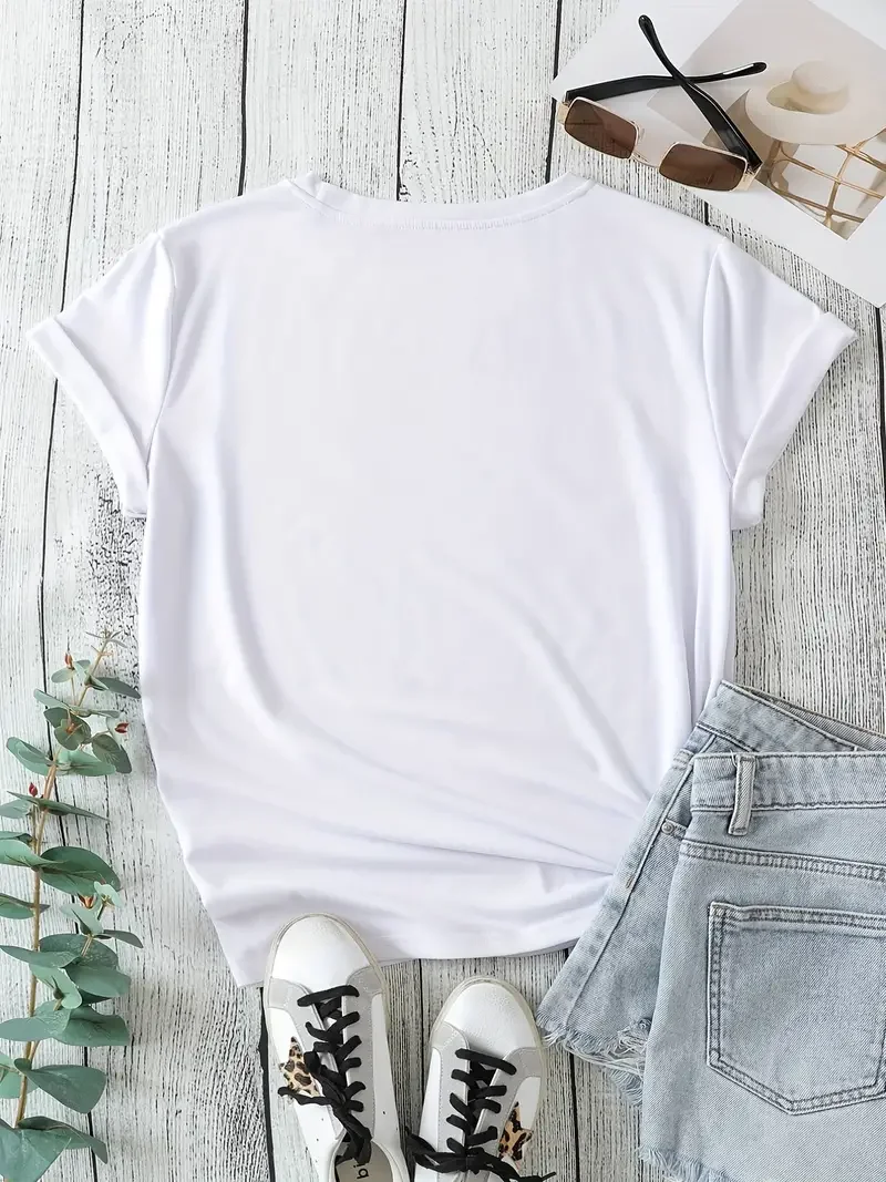 T-shirt Casual taglie forti da donna Plus Heart & Sunflower & Letter Print manica corta girocollo t-shirt elasticizzata leggera