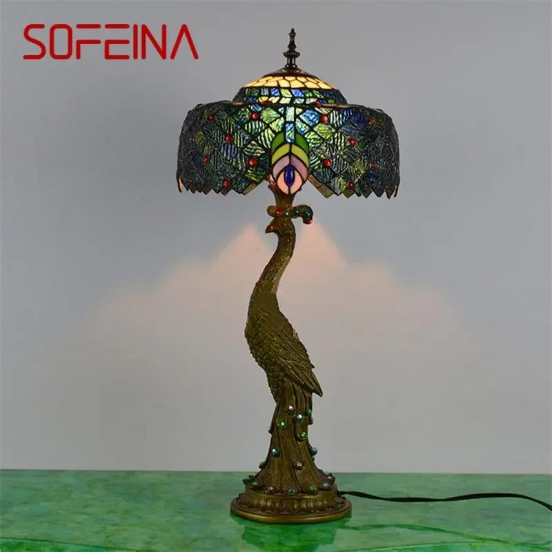 SOFEINA Tiffany Table Lamp Peacock Contemporary Retro Creative Decoration LED Light For Home