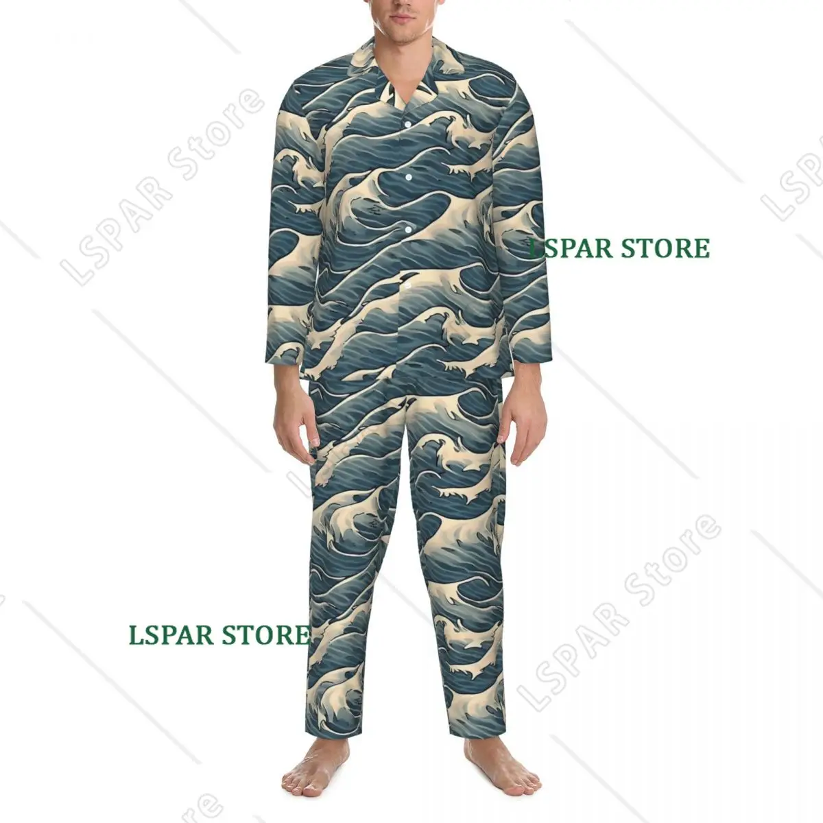 Ocean Blue Wave Print Pajama Sets Autumn Comfortable Leisure Sleepwear Men  Casual Oversize Graphic Nightwear Gift Idea
