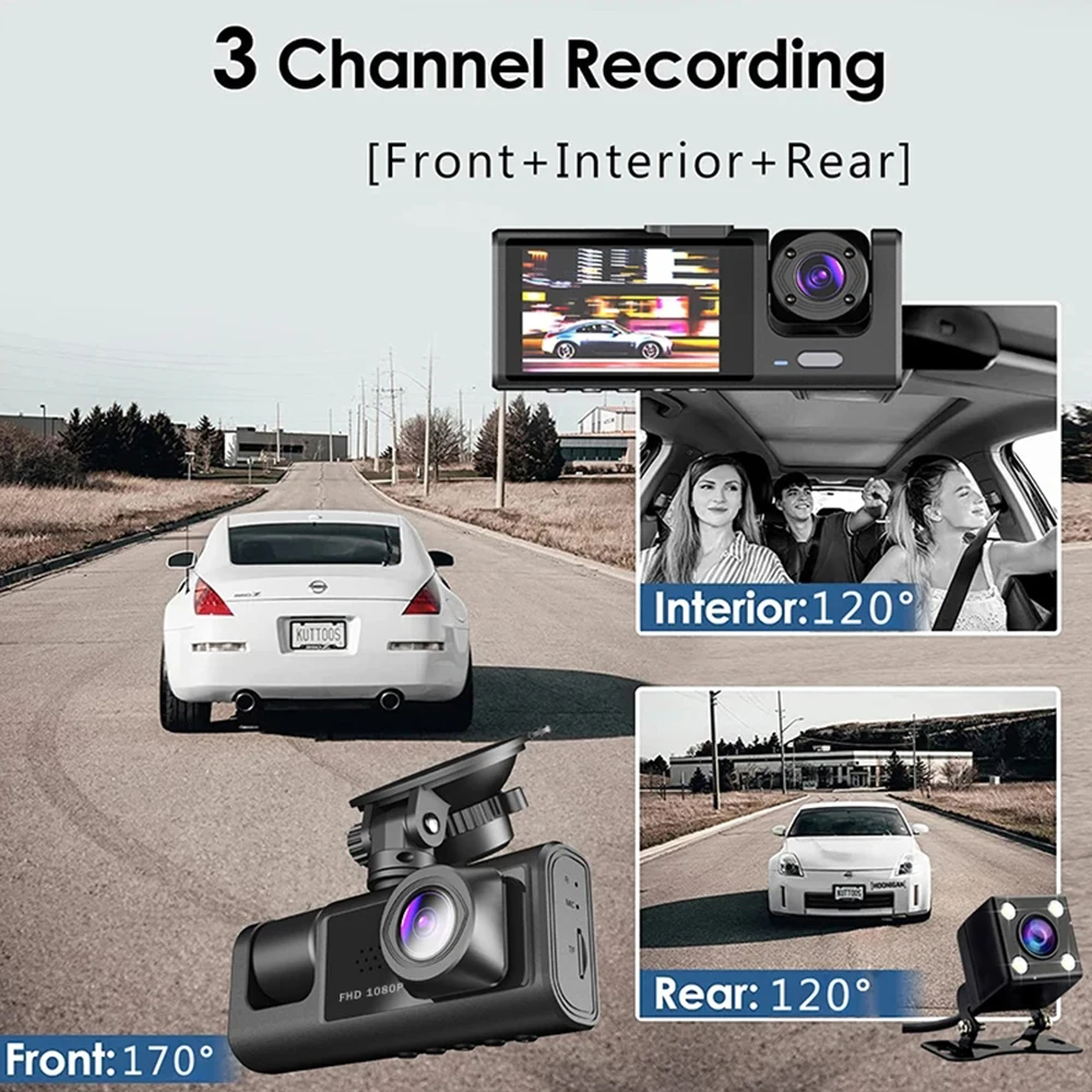 2 Inch Car Dual Lens Dash Cam HD 1080P Front/Rear/Inside Video Recorder Camera G-sensor with Night Vision Monitoring Car DVR