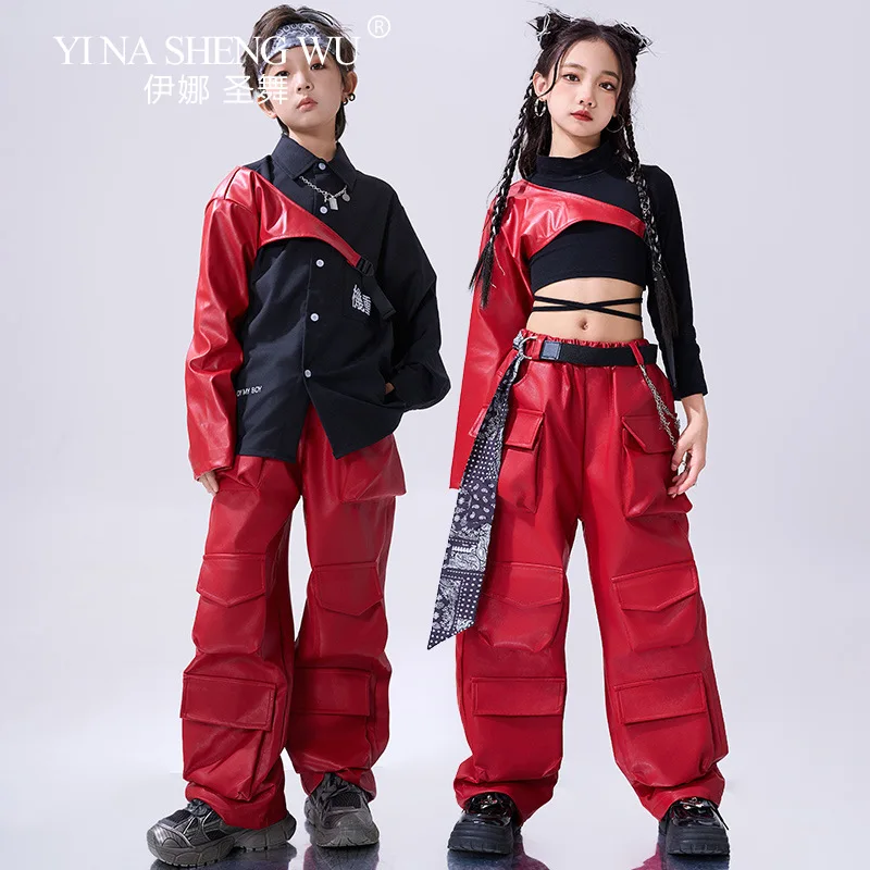 Trajes de jazz infantil meninos e meninas hip-hop na moda dança de rua vermelho-preto terno crianças moda k-pop palco desempenho traje