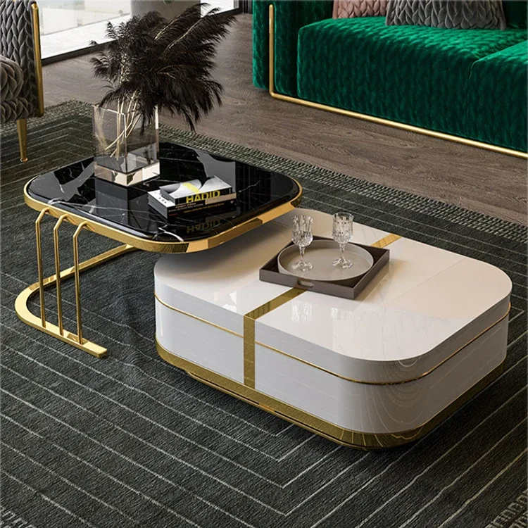 Modern Living Room Furniture Luxury TV Stand Marble Top Wood Stainless Steel Coffee Table