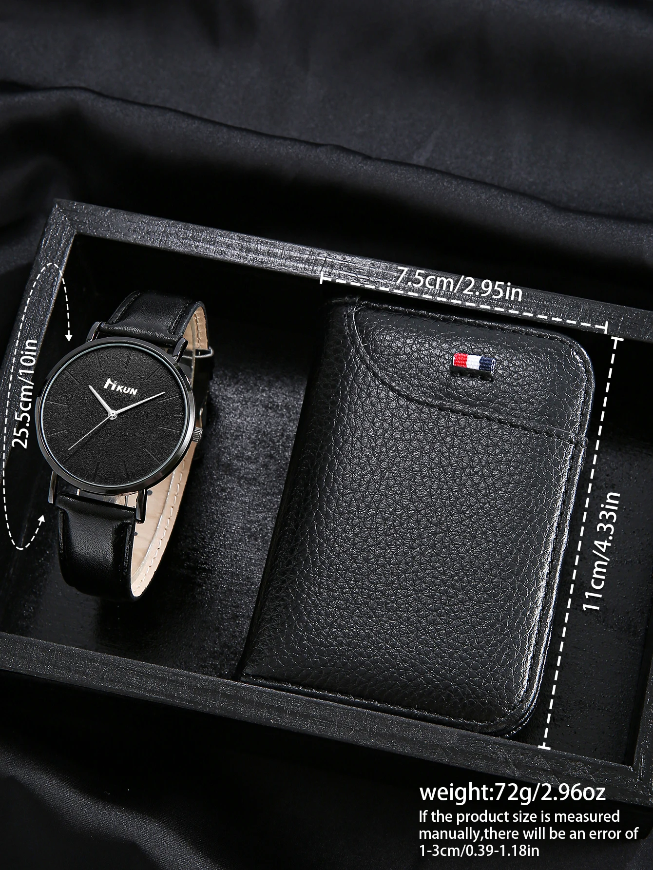 Montre à quartz simple, grand cadran rétro de haute qualité, classique, portefeuille en cuir noir, 2 pièces