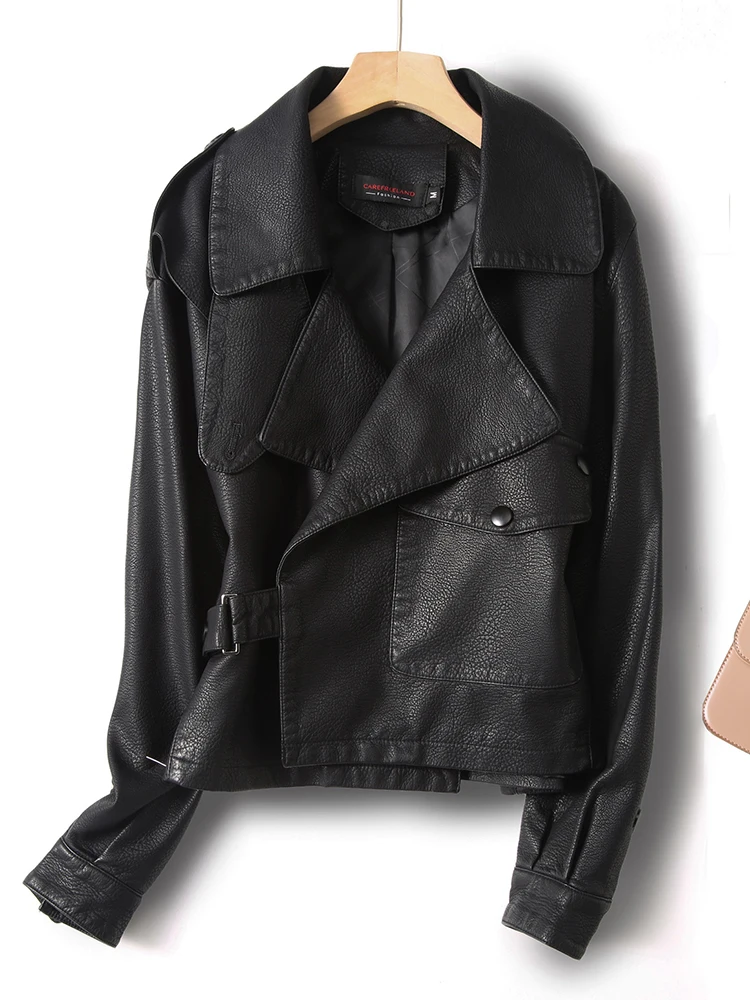 Jiang ung Haining 本革ジャケット女性の秋冬韓国ルーズオートバイシープスキンジャケット小さなアウターウェア