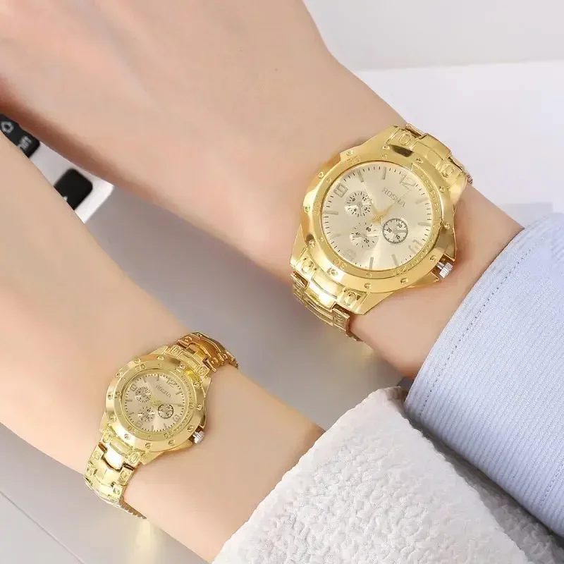 

2 шт./компл. мужских и женских часов со стальным ремешком с тремя глазами, повседневные подарочные часы для пар, кварцевые часы