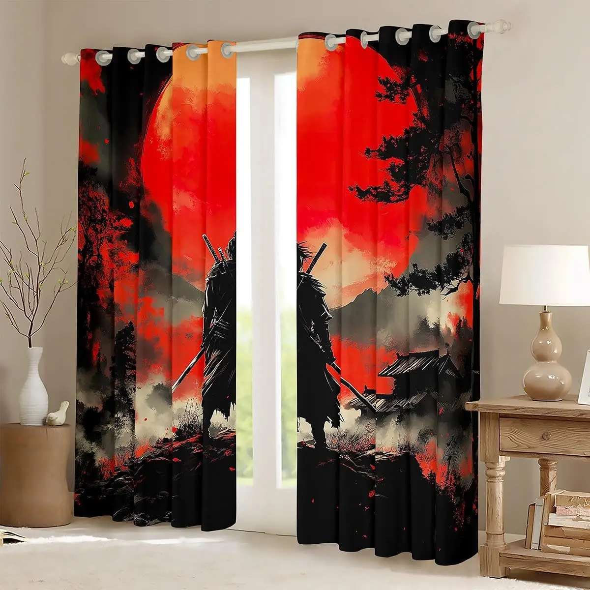 Dramatic Samurai Warrior Anime Curtain Drapes Red Sun Oriental Landscape Art Style Window Panel Home Decoration