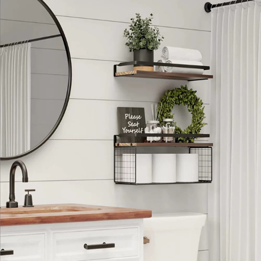 Double Layer Bathroom Rack Wall-Mounted Floating Shelf with Storage Basket Wooden Shelf Metal Bracket Storage Shelf Shelves