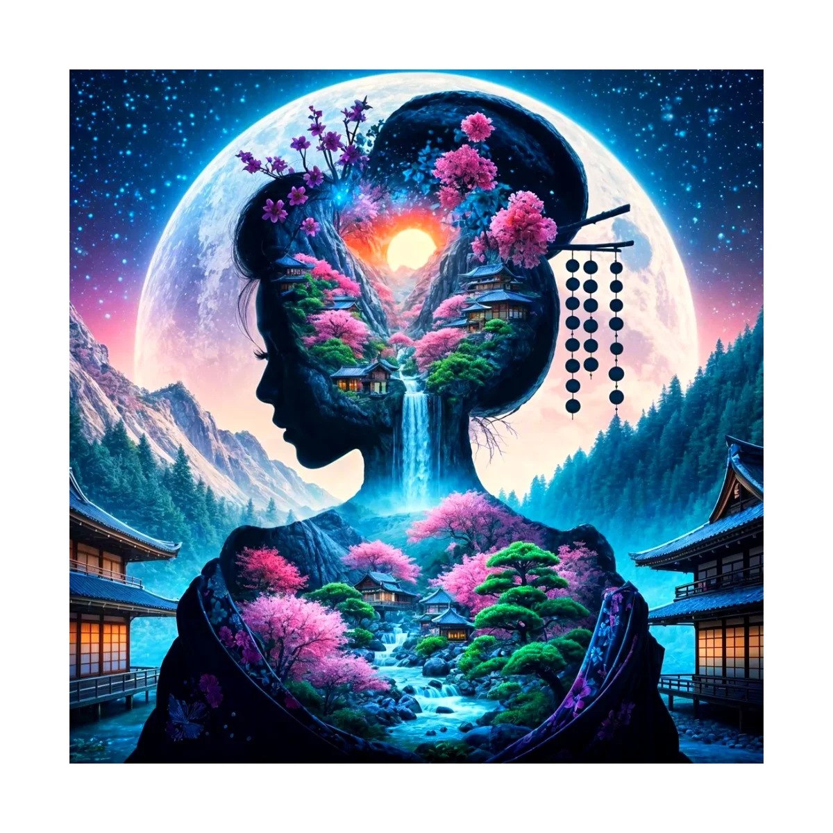 1 Stück 40x40 cm/15,74 Zoll, 11Ct/14Ct Kreuzstich-Set, DIY Valentinstagsgeschenk, Stickerei-Set für Festivals, Geisha-Landschaft, Doppel-Exp – Detail 4