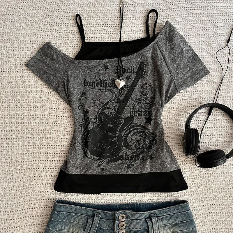 Y2k Slim Fit Print Tops Women Off Shoulder Short Sleeve Tee Shirt Neploe American Vintage Fake Two Piece Halter Lace Up T-shirts