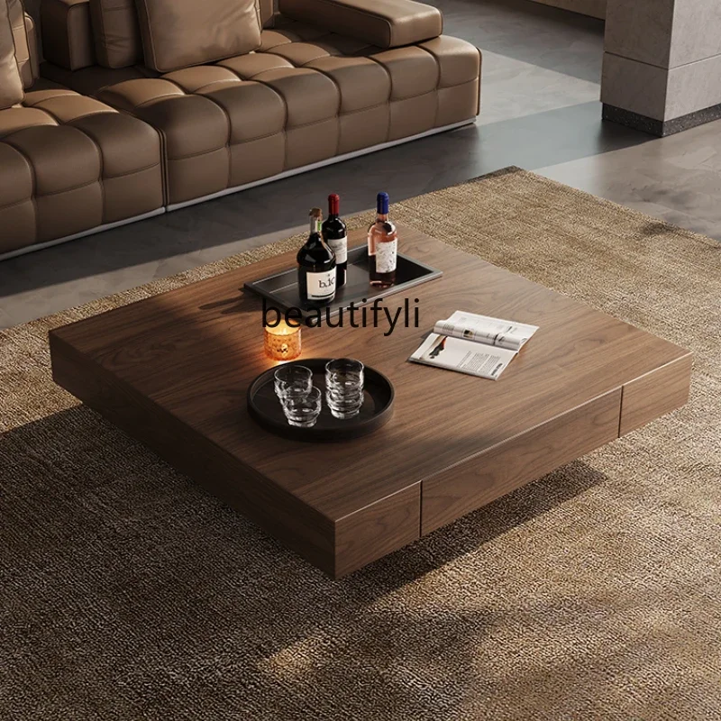 

Chinese log wind solid wood coffee table living room small apartment storage simple modern square coffee table combination