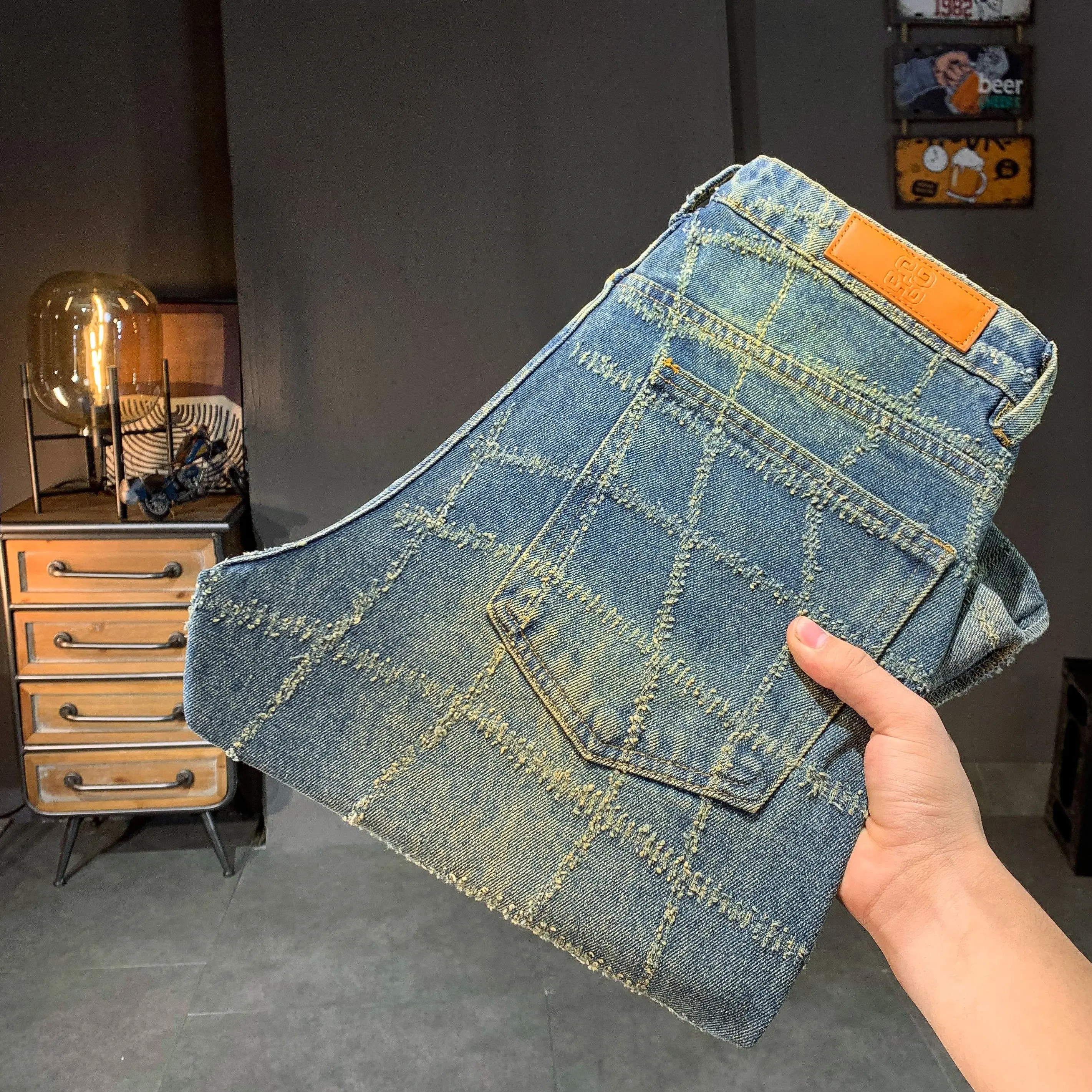 Ripped Wash Jeans For Male Plaid Pattern Mid Rise Denim Pants Male's European Apparel