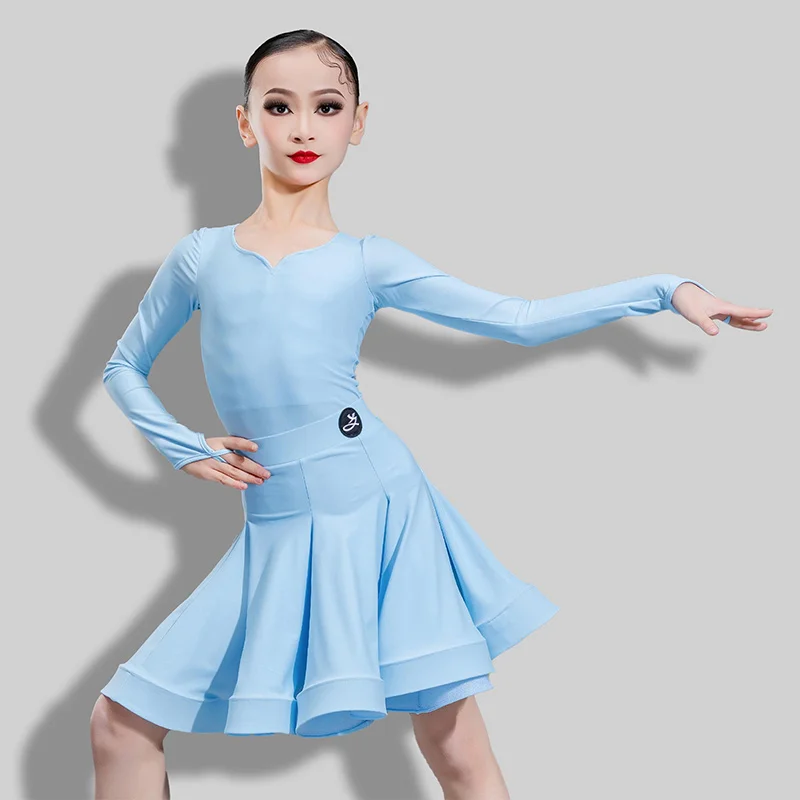 Vêtements de concours de danse latine professionnelle pour enfants, Costume fendu à manches longues pour filles, Costume de spectacle latin Chacha DN22462