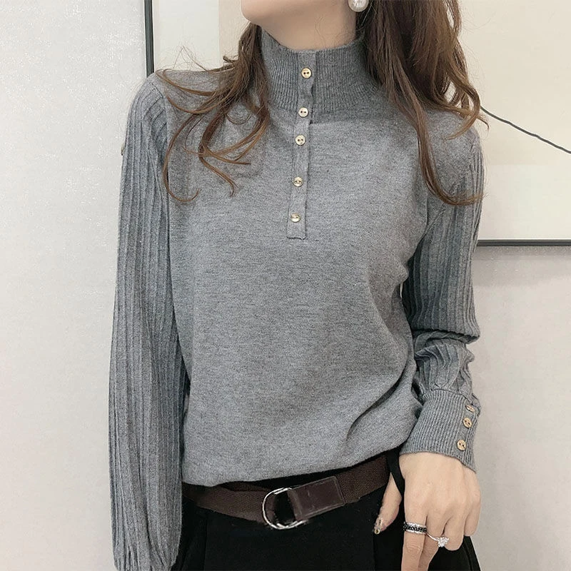 Otoño Invierno medio cuello alto elegante moda sólido suéter de fondo femenino linterna manga tejido Jersey suelto Top