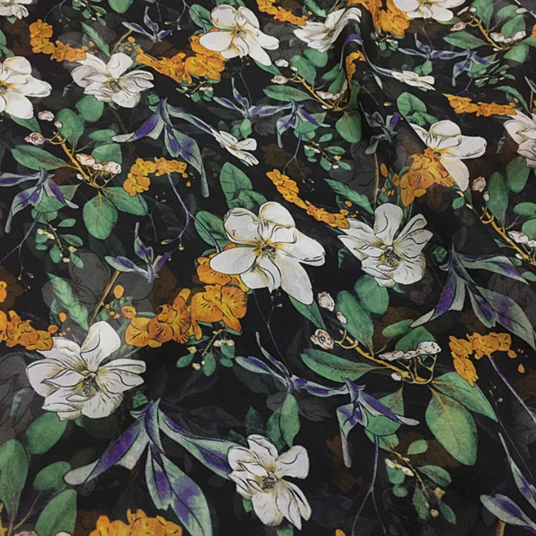 1 meter 100% Mulberry Silk 8 momme Thin Type Chiffon Silk Fabric Black with Floral Printed 137cm 54