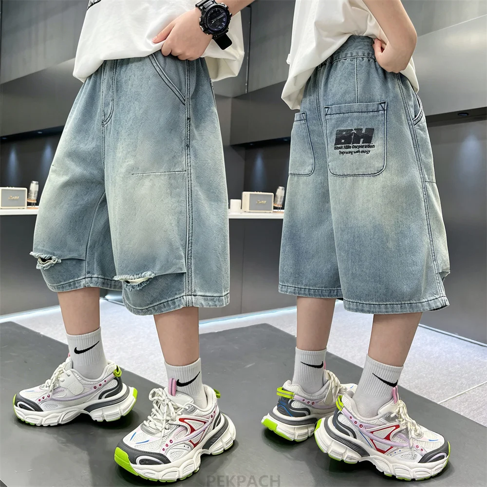 

Brief Style Kids Children Summer Loose Straight Ripped Blue Denim Shorts for Tweens Boys Casual Knee Length Jeans With Holes