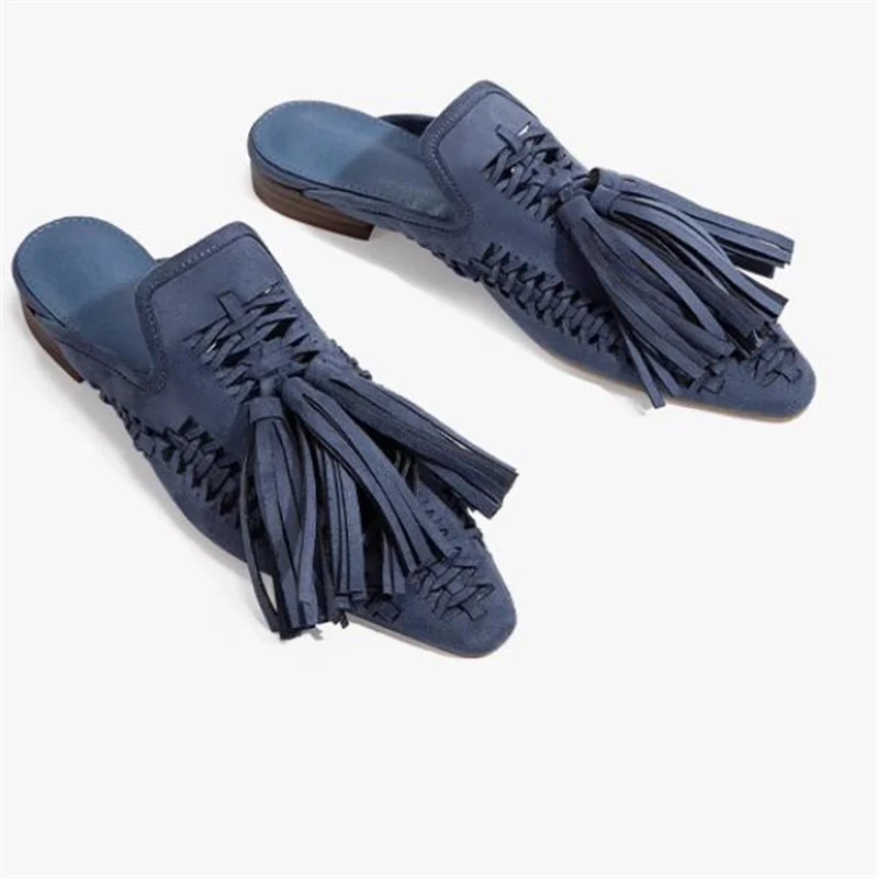 Tassel Shoes for Ladies Pointed Toes Low Heels Velvet Female Mules Sewing Lines Chassure Femme Solid Womens Weaven Zapatos Mujer