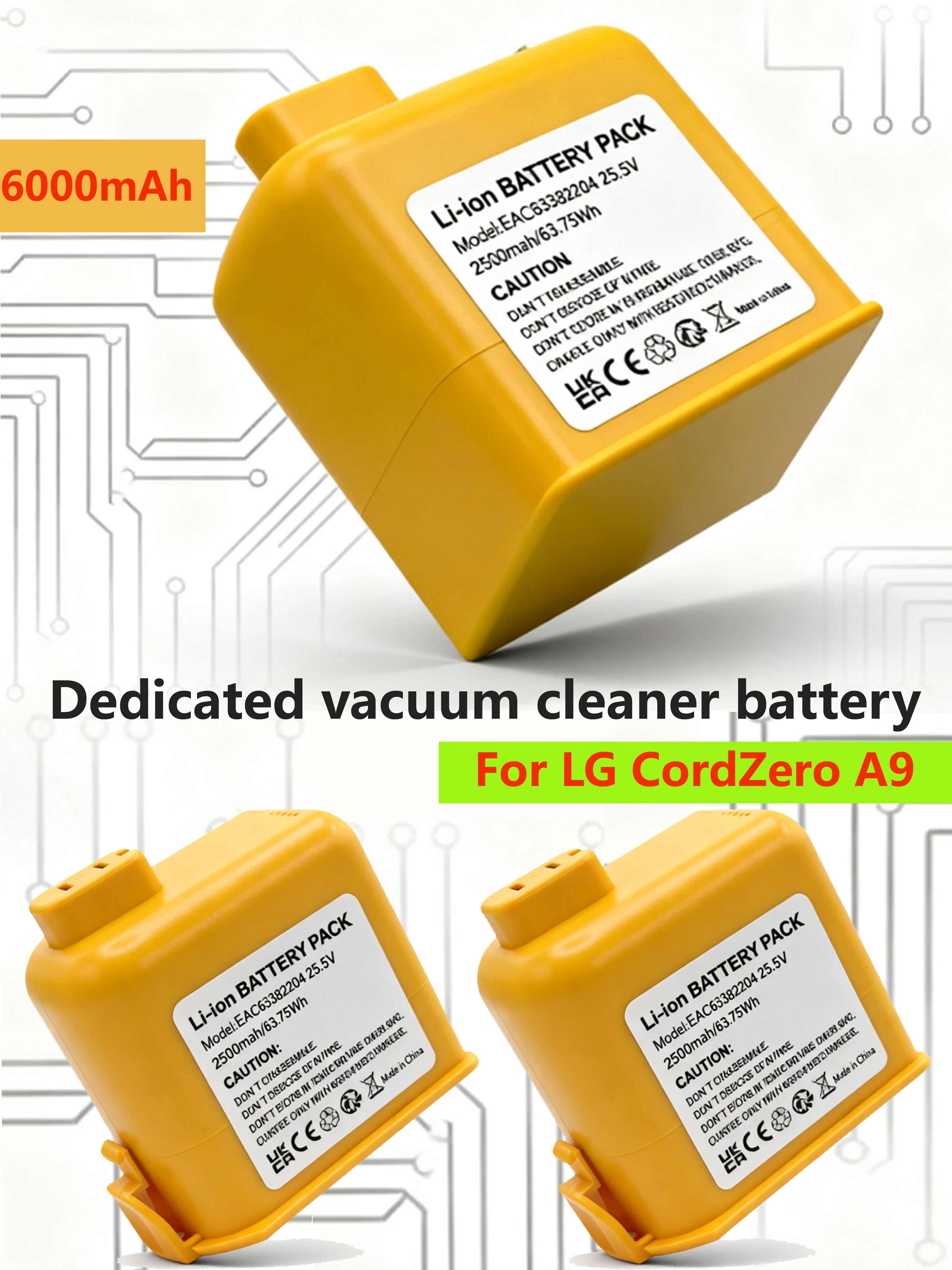

6000mAh CordZero Battery for A9/P9/A9S Vacuum, KC Certified, Compatible with EAC63382201/04 LG CordZero A9 Battery Replacement