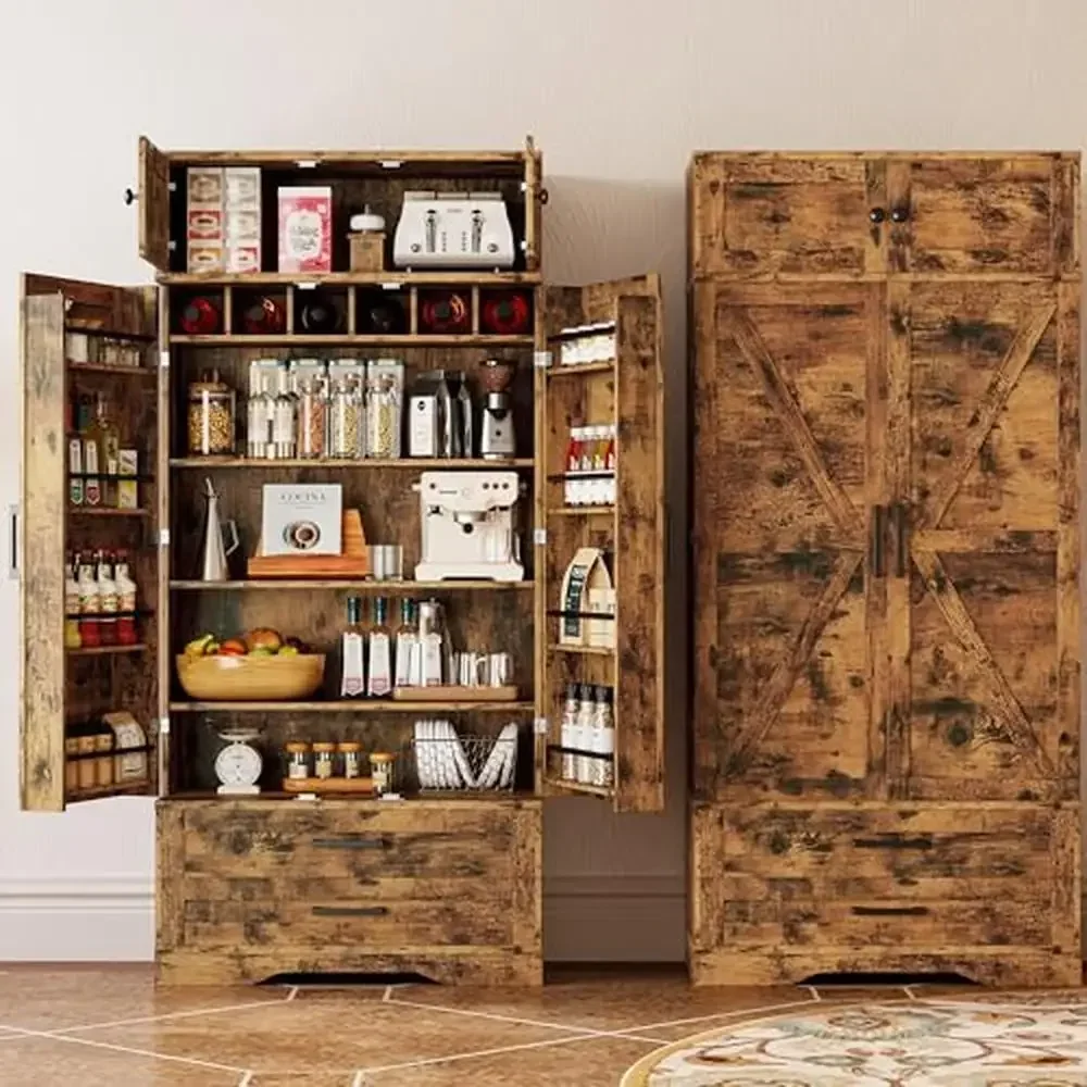 Spacious Freestanding Pantry Cabinet with Hanging Shelves Drawers & Storage Elegant Kitchen Cupboard Dining & Living Rooms