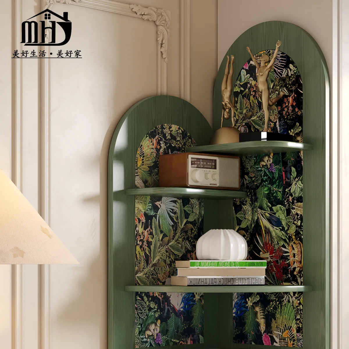 LH retro side cabinet storage antique triangle green solid wood locker in living room