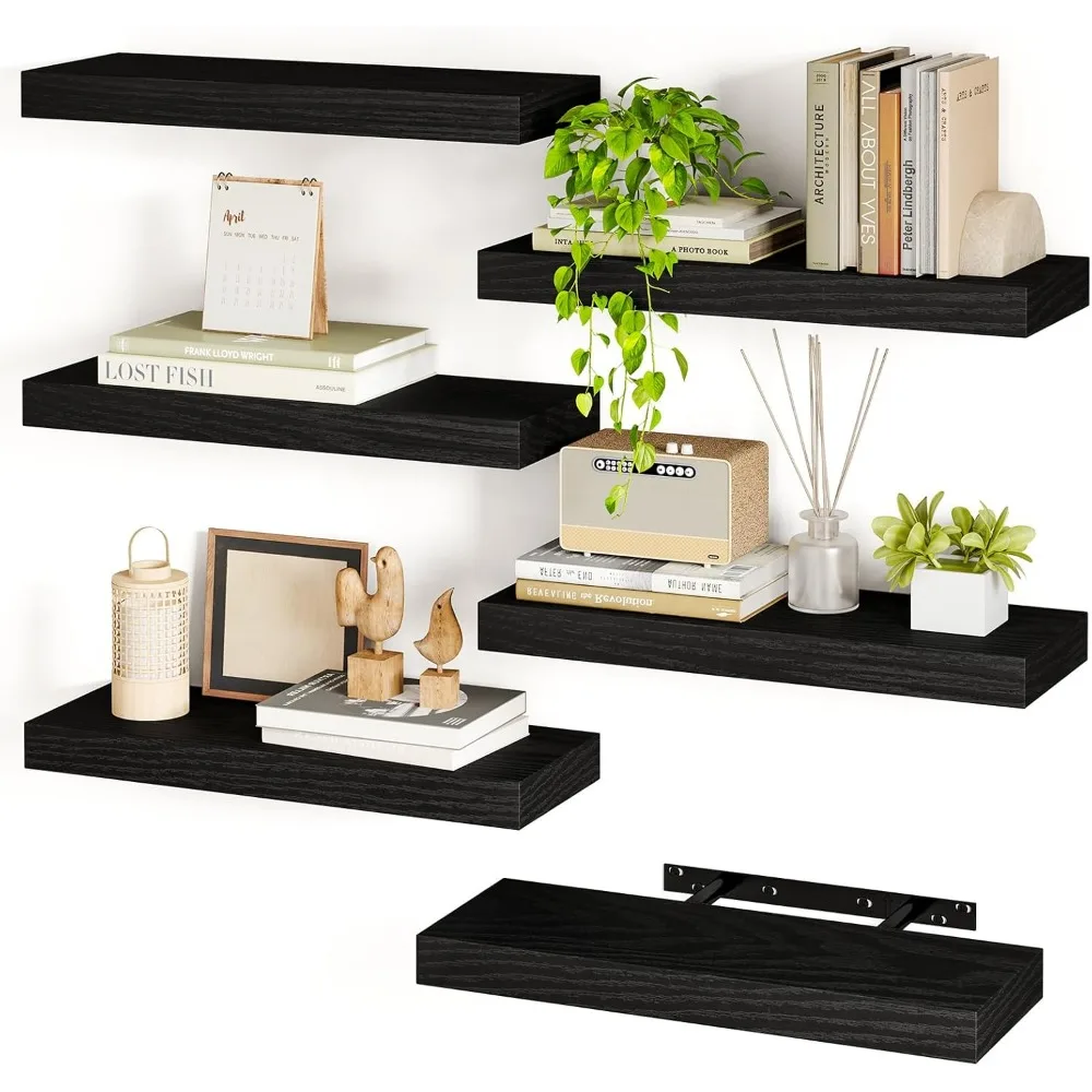 

Set of 6 Black Floating Wood Shelves for Bathroom, Bedroom, Living Room and Kitchen Wall Decor