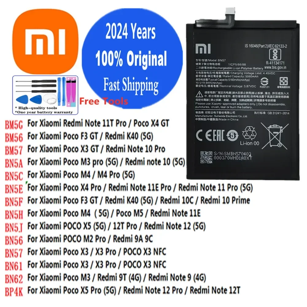 Original Battery For Mi xiaomi Poco X3 X4 X5 F3 M2 M3 M4 M5 Pro GT NFC Redmi Note 9 10 11 11T 11E 12 Redmi K40 9T 9A 9C 10C Pro