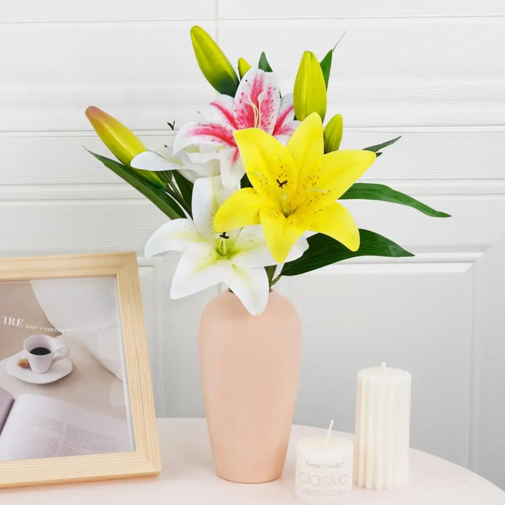 Artificial Silk Flowers Fake Lily Bouquet DIY Creative Bouquet as Gift for Friends Teacher& Fresh Living Room Decor 41cm Wedding