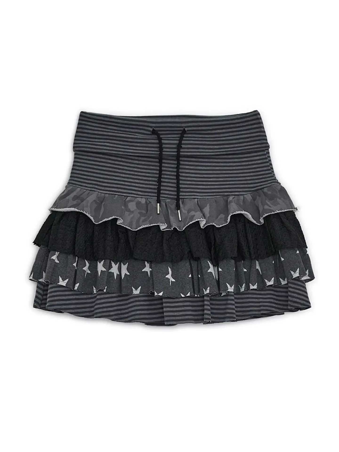 

2026 Retro Hot Girl Multi-Layer Splicing Skirt Striped Camouflage XINGX Sweet Style Drawstring High Waist Slimming Skirt