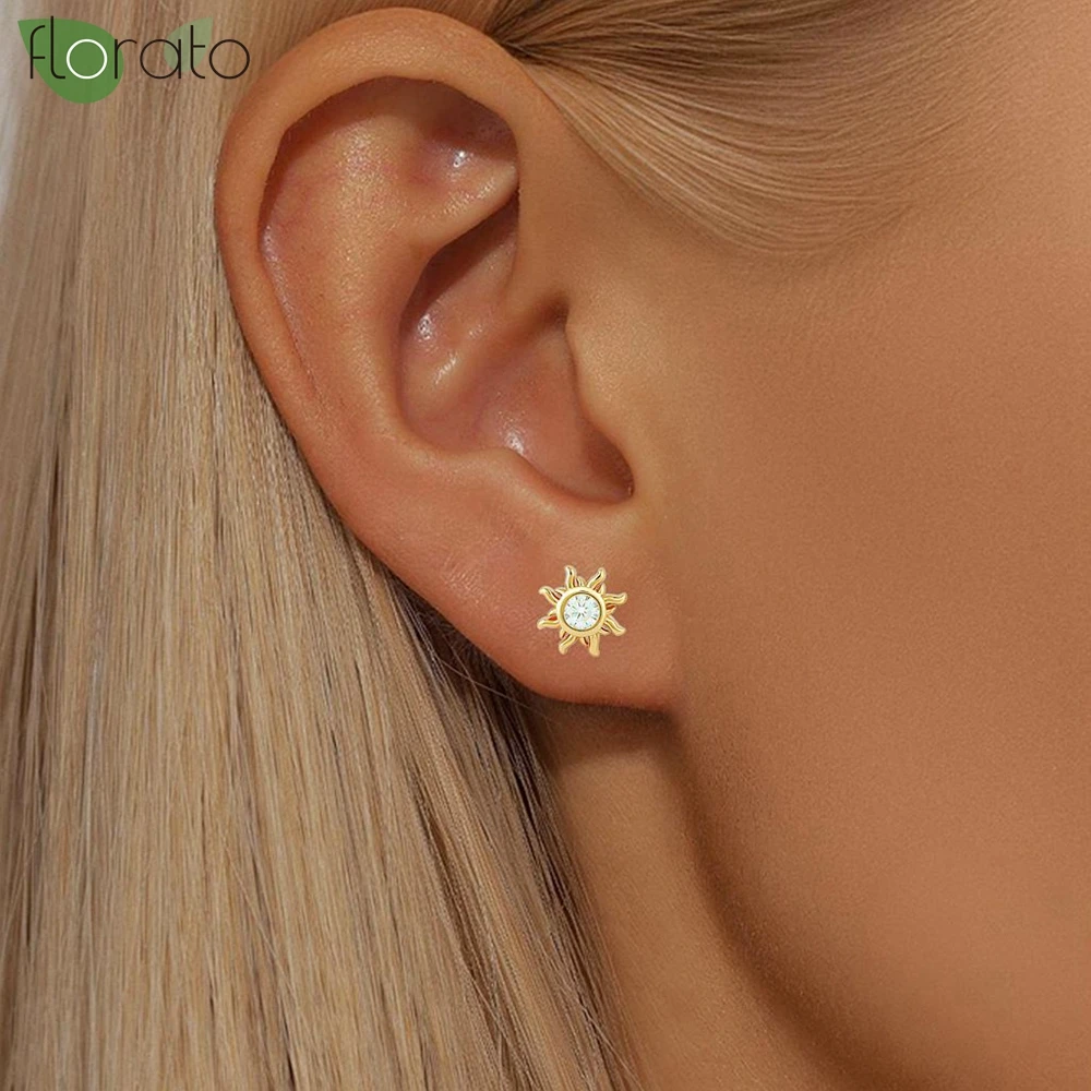 

925 Sterling Silver Needle Fashion Mini Sun Stud Earrings for Women Minimalist Sparkling Zircon Earrings Fine Party Jewelry Gift
