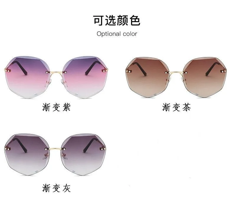 Rahmenlose Damen-Sonnenbrille mit Schnittkante, fortschrittliches Gefühl, Metall, robustes Scharnier, trendige Sommer-Sonnenbrille – Detail 4