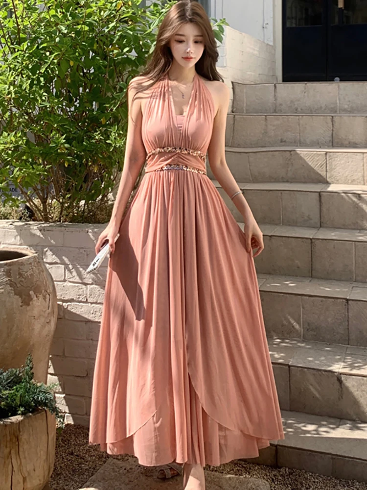 

Women Pink Chic Sequins Luxury Neck-mounted Sexy Long Dress Summer Elegant Casual Maxi Dress 2025 Korean Vintage Evening Dresses