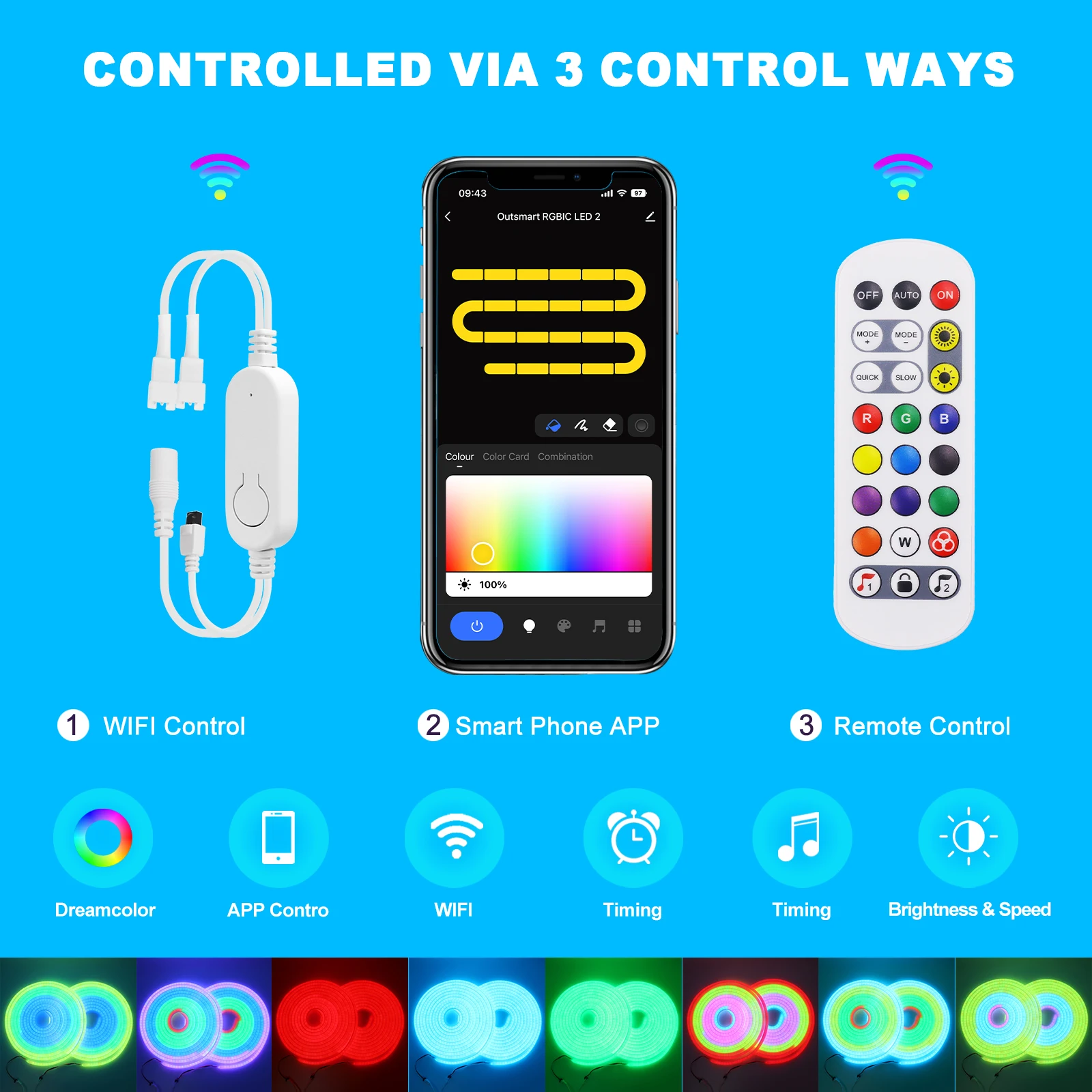 WiFi Bluetooth APP 24V Round RGB Neon LED Strip 120LEDs/m 360 Degree WS2811 Dream Color Remote Control IP67 Flexible Rope Lights