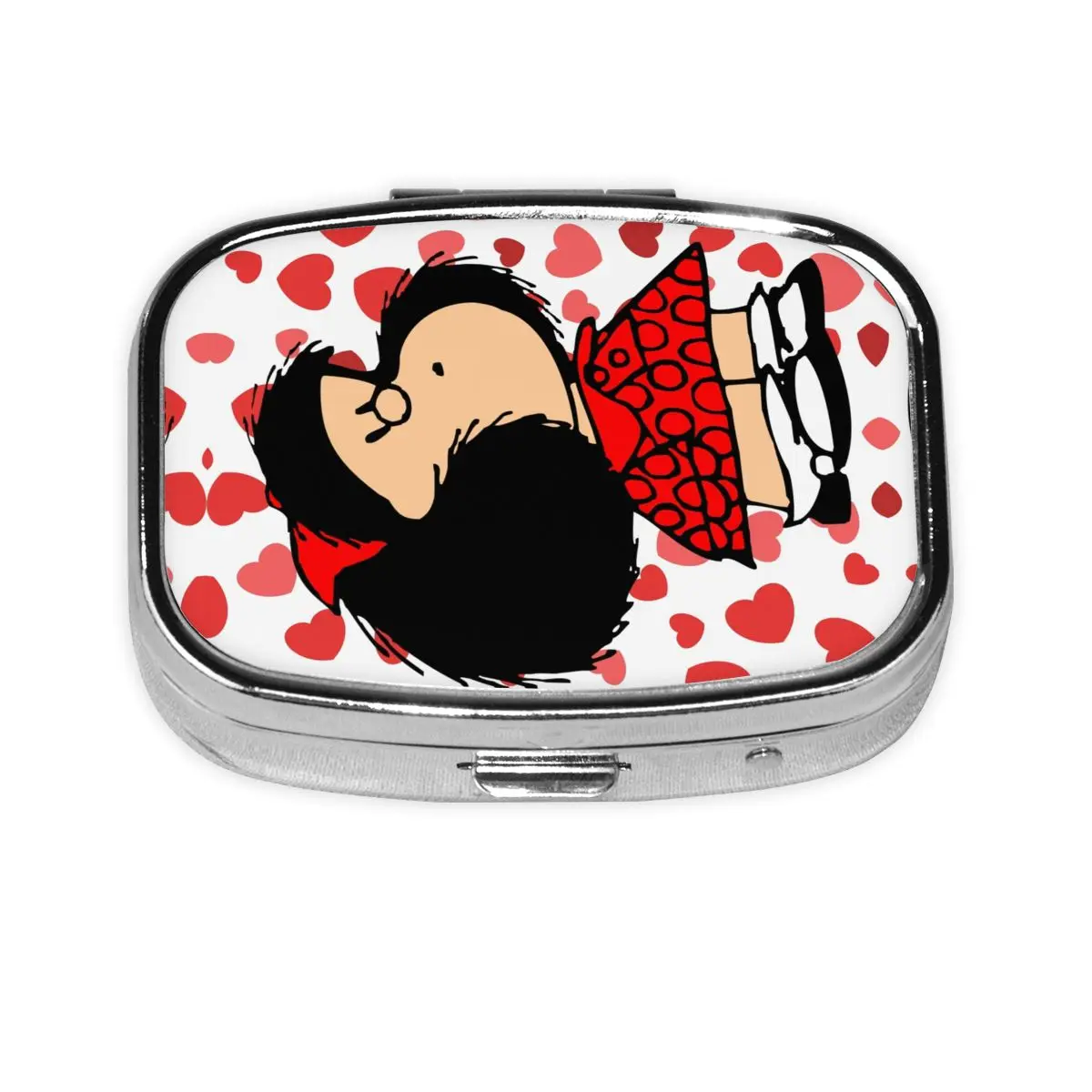 

Mafalda Power With A Surprised Face Square Pills Box Quino Kawaii Cartoon Small Metal Pill Organizer Medicine Box Dispenser